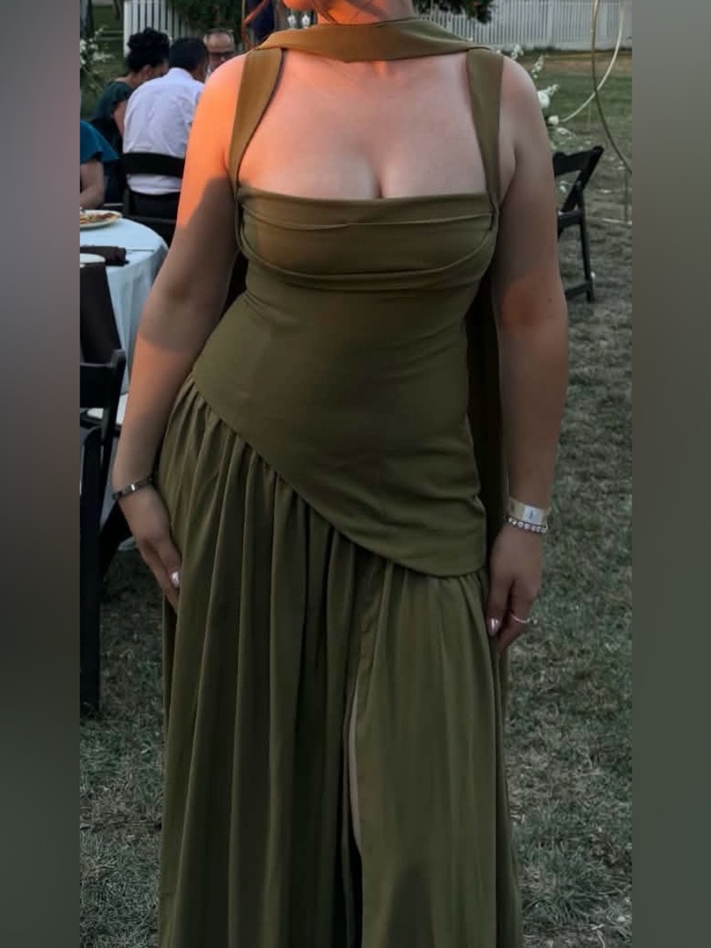 Olive Asymmetrical Halter Maxi Dress with Draped Skirt